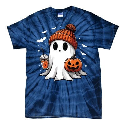 Cute Ghost Drinking Coffee Halloween Ghost Ice Coffee Women Long Sleeve Tie-Dye T-Shirt