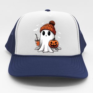 Cute Ghost Drinking Coffee Halloween Ghost Ice Coffee Women Long Sleeve Trucker Hat