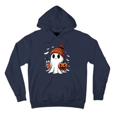 Cute Ghost Drinking Coffee Halloween Ghost Ice Coffee Women Long Sleeve Tall Hoodie