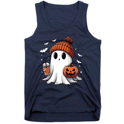 Cute Ghost Drinking Coffee Halloween Ghost Ice Coffee Women Long Sleeve Tank Top