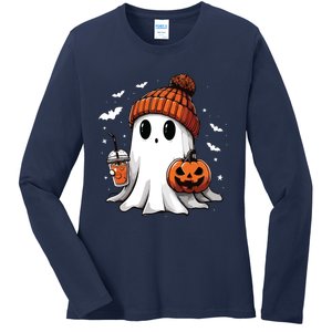 Cute Ghost Drinking Coffee Halloween Ghost Ice Coffee Women Long Sleeve Ladies Long Sleeve Shirt