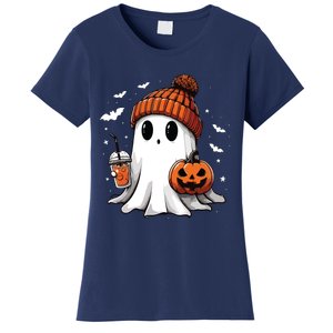 Cute Ghost Drinking Coffee Halloween Ghost Ice Coffee Women Long Sleeve Women's T-Shirt