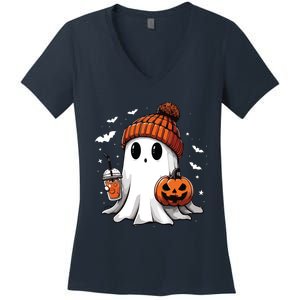 Cute Ghost Drinking Coffee Halloween Ghost Ice Coffee Women Long Sleeve Women's V-Neck T-Shirt