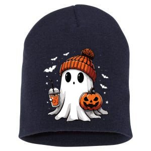 Cute Ghost Drinking Coffee Halloween Ghost Ice Coffee Women Long Sleeve Short Acrylic Beanie