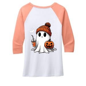 Cute Ghost Drinking Coffee Halloween Ghost Ice Coffee Women Long Sleeve Women's Tri-Blend 3/4-Sleeve Raglan Shirt