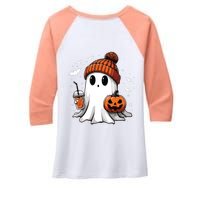 Cute Ghost Drinking Coffee Halloween Ghost Ice Coffee Women Long Sleeve Women's Tri-Blend 3/4-Sleeve Raglan Shirt