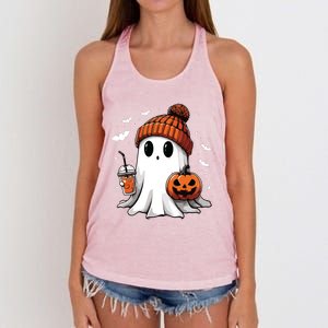 Cute Ghost Drinking Coffee Halloween Ghost Ice Coffee Women Long Sleeve Women's Knotted Racerback Tank