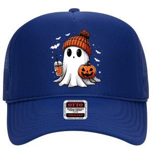 Cute Ghost Drinking Coffee Halloween Ghost Ice Coffee Women Long Sleeve High Crown Mesh Back Trucker Hat