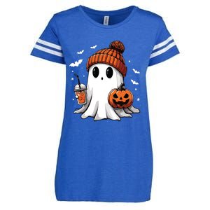 Cute Ghost Drinking Coffee Halloween Ghost Ice Coffee Women Long Sleeve Enza Ladies Jersey Football T-Shirt