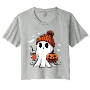 Cute Ghost Drinking Coffee Halloween Ghost Ice Coffee Women Long Sleeve Women's Crop Top Tee