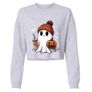 Cute Ghost Drinking Coffee Halloween Ghost Ice Coffee Women Long Sleeve Cropped Pullover Crew