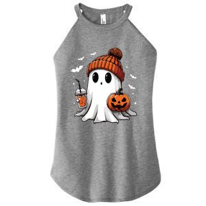 Cute Ghost Drinking Coffee Halloween Ghost Ice Coffee Women Long Sleeve Women's Perfect Tri Rocker Tank