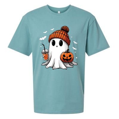 Cute Ghost Drinking Coffee Halloween Ghost Ice Coffee Women Long Sleeve Sueded Cloud Jersey T-Shirt