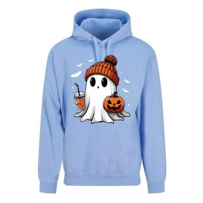 Cute Ghost Drinking Coffee Halloween Ghost Ice Coffee Women Long Sleeve Unisex Surf Hoodie