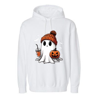 Cute Ghost Drinking Coffee Halloween Ghost Ice Coffee Women Long Sleeve Garment-Dyed Fleece Hoodie