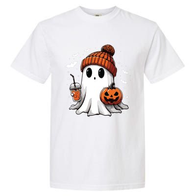 Cute Ghost Drinking Coffee Halloween Ghost Ice Coffee Women Long Sleeve Garment-Dyed Heavyweight T-Shirt