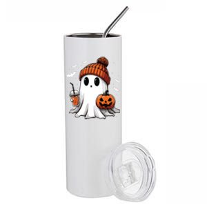 Cute Ghost Drinking Coffee Halloween Ghost Ice Coffee Women Long Sleeve Stainless Steel Tumbler