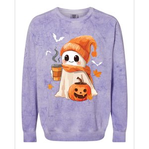 Cute Ghost Drinking Coffee Halloween Ghost Ice Coffee Women Colorblast Crewneck Sweatshirt