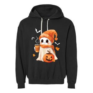 Cute Ghost Drinking Coffee Halloween Ghost Ice Coffee Women Garment-Dyed Fleece Hoodie