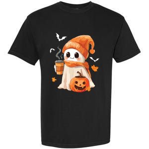 Cute Ghost Drinking Coffee Halloween Ghost Ice Coffee Women Garment-Dyed Heavyweight T-Shirt