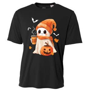 Cute Ghost Drinking Coffee Halloween Ghost Ice Coffee Women Cooling Performance Crew T-Shirt