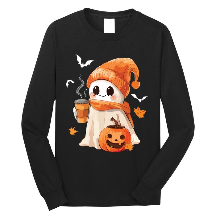 Cute Ghost Drinking Coffee Halloween Ghost Ice Coffee Women Long Sleeve Shirt