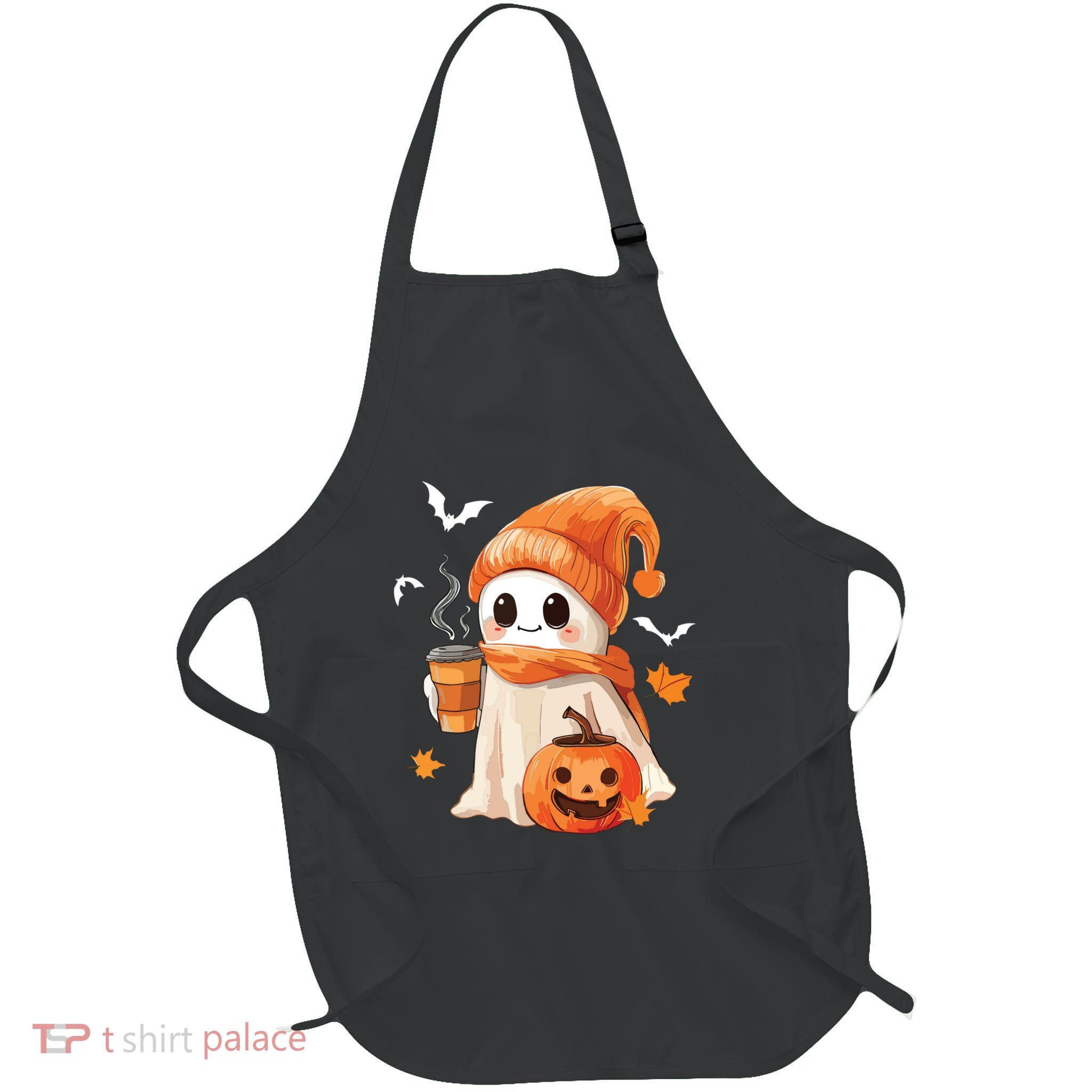 Cute Ghost Drinking Coffee Halloween Ghost Ice Coffee Women Full-Length Apron With Pockets