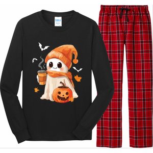 Cute Ghost Drinking Coffee Halloween Ghost Ice Coffee Women Long Sleeve Pajama Set