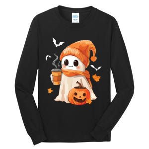 Cute Ghost Drinking Coffee Halloween Ghost Ice Coffee Women Tall Long Sleeve T-Shirt