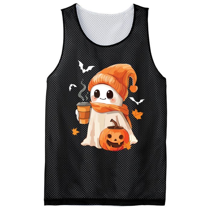 Cute Ghost Drinking Coffee Halloween Ghost Ice Coffee Women Mesh Reversible Basketball Jersey Tank