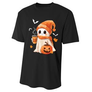 Cute Ghost Drinking Coffee Halloween Ghost Ice Coffee Women Performance Sprint T-Shirt