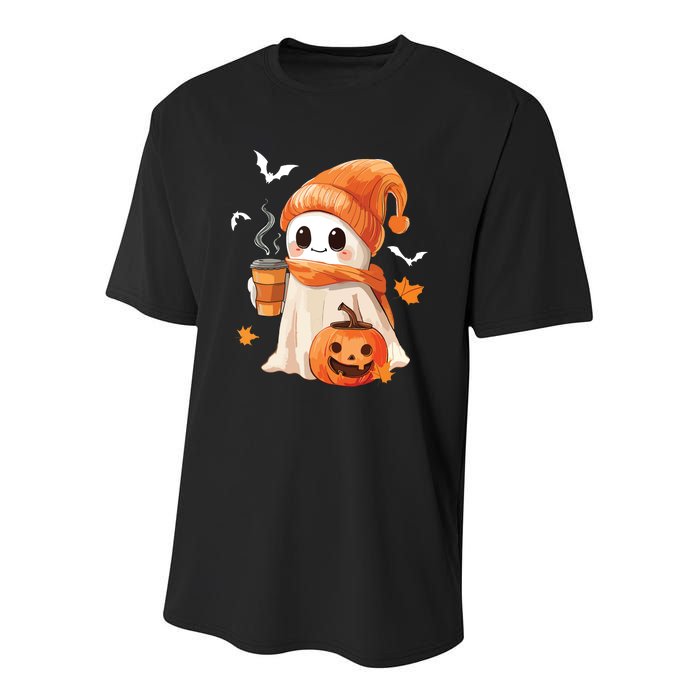 Cute Ghost Drinking Coffee Halloween Ghost Ice Coffee Women Youth Performance Sprint T-Shirt