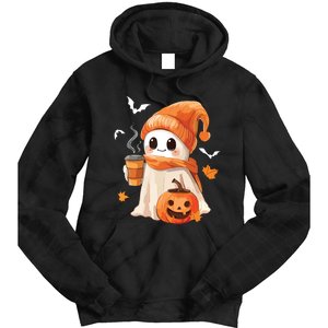 Cute Ghost Drinking Coffee Halloween Ghost Ice Coffee Women Tie Dye Hoodie