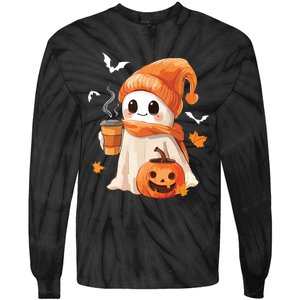 Cute Ghost Drinking Coffee Halloween Ghost Ice Coffee Women Tie-Dye Long Sleeve Shirt