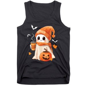 Cute Ghost Drinking Coffee Halloween Ghost Ice Coffee Women Tank Top