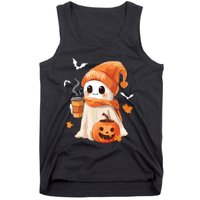 Cute Ghost Drinking Coffee Halloween Ghost Ice Coffee Women Tank Top