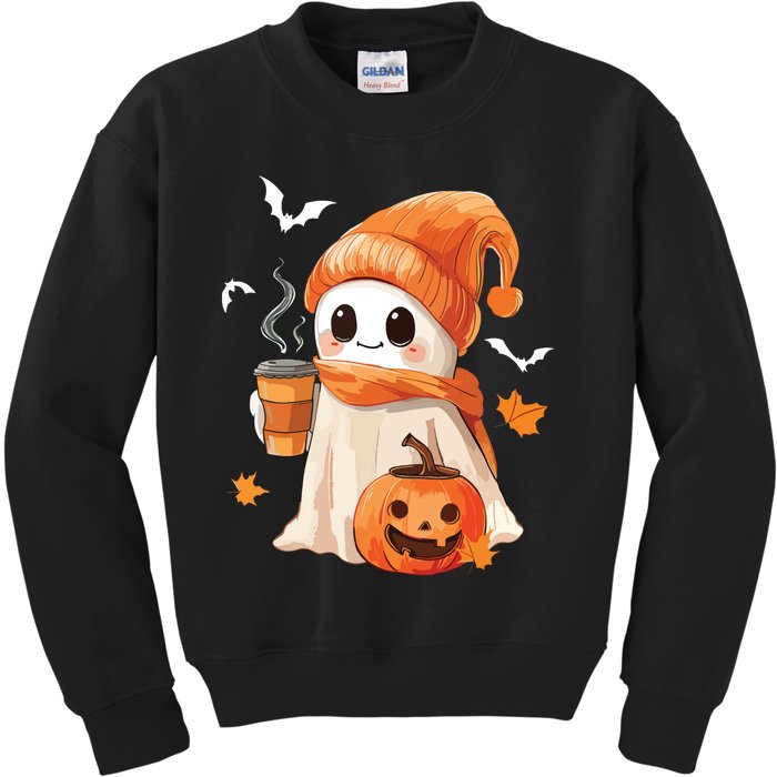 Cute Ghost Drinking Coffee Halloween Ghost Ice Coffee Women Kids Sweatshirt