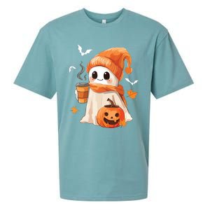 Cute Ghost Drinking Coffee Halloween Ghost Ice Coffee Women Sueded Cloud Jersey T-Shirt