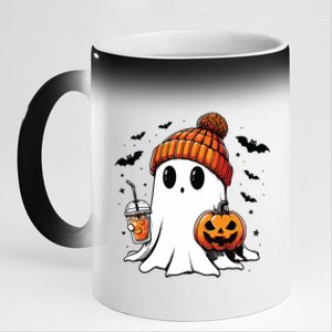 Cute Ghost Drinking Coffee Halloween Ghost Ice Coffee 11oz Black Color Changing Mug