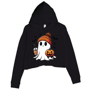 Cute Ghost Drinking Coffee Halloween Ghost Ice Coffee Crop Fleece Hoodie