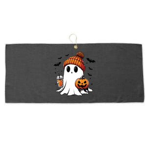 Cute Ghost Drinking Coffee Halloween Ghost Ice Coffee Large Microfiber Waffle Golf Towel