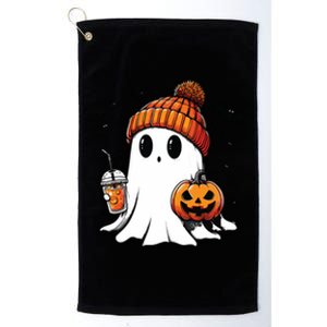 Cute Ghost Drinking Coffee Halloween Ghost Ice Coffee Platinum Collection Golf Towel