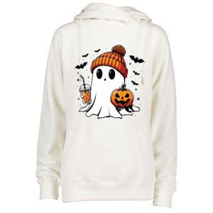 Cute Ghost Drinking Coffee Halloween Ghost Ice Coffee Womens Funnel Neck Pullover Hood