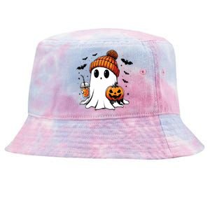 Cute Ghost Drinking Coffee Halloween Ghost Ice Coffee Tie-Dyed Bucket Hat