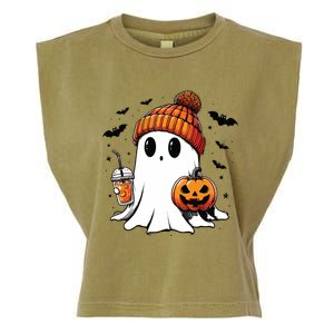 Cute Ghost Drinking Coffee Halloween Ghost Ice Coffee Garment-Dyed Women's Muscle Tee