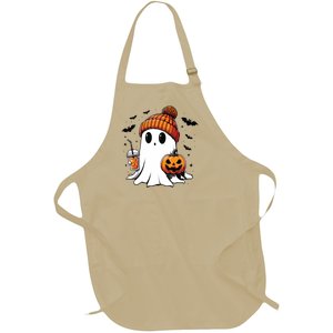 Cute Ghost Drinking Coffee Halloween Ghost Ice Coffee Full-Length Apron With Pockets