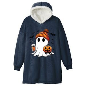 Cute Ghost Drinking Coffee Halloween Ghost Ice Coffee Hooded Wearable Blanket