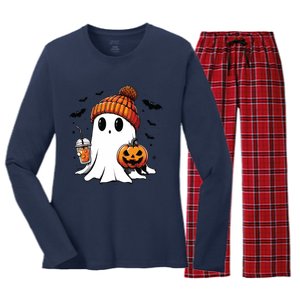 Cute Ghost Drinking Coffee Halloween Ghost Ice Coffee Women's Long Sleeve Flannel Pajama Set 