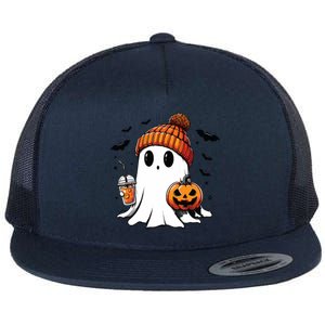 Cute Ghost Drinking Coffee Halloween Ghost Ice Coffee Flat Bill Trucker Hat