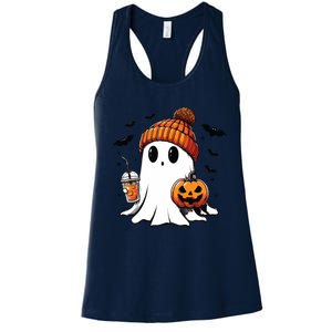 Cute Ghost Drinking Coffee Halloween Ghost Ice Coffee Women's Racerback Tank